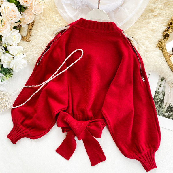 Casual γυναικείο πουλόβερ με κορδέλα και οβάλ ντεκολτέ