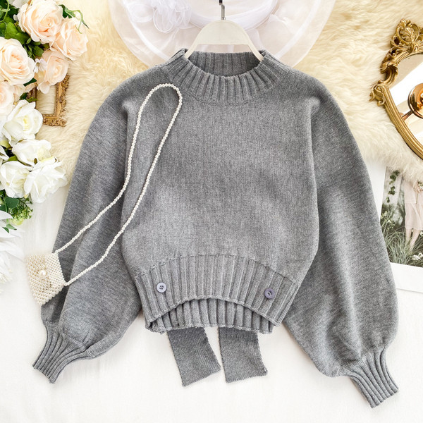 Casual γυναικείο πουλόβερ με κορδέλα και οβάλ ντεκολτέ