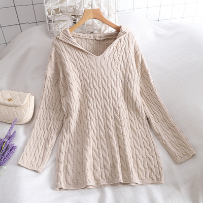 Μοντέρνο γυναικείο πουλόβερ με κουκούλα και μακρύ μανίκι σε γκρι και μπεζ χρώμα