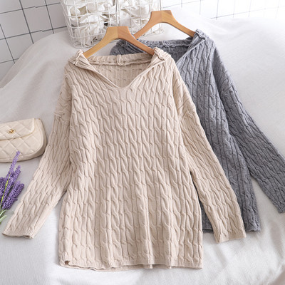 Μοντέρνο γυναικείο πουλόβερ με κουκούλα και μακρύ μανίκι σε γκρι και μπεζ χρώμα