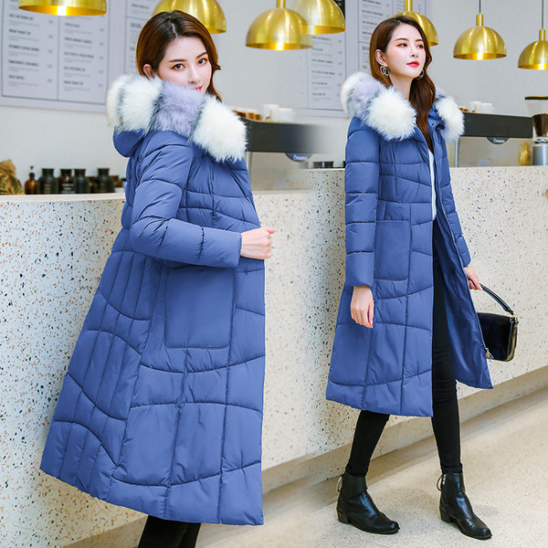 Női téli kabát csuklyás pehely hosszú modell zsebbel több színben