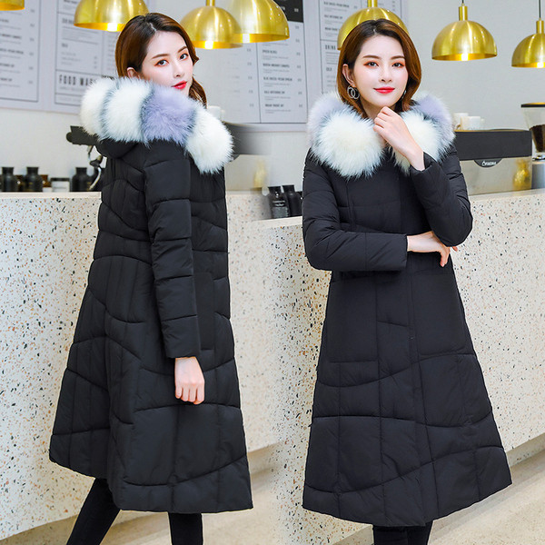Női téli kabát csuklyás pehely hosszú modell zsebbel több színben
