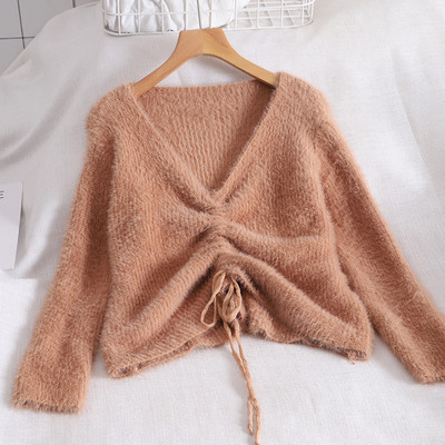 Pulover casual dama cu decolteu spitz si cravate in mai multe culori