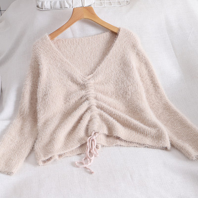 Pulover casual dama cu decolteu spitz si cravate in mai multe culori