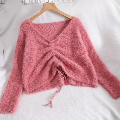 Pulover casual dama cu decolteu spitz si cravate in mai multe culori