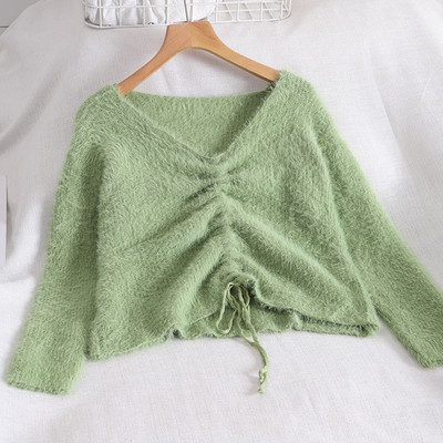 Pulover casual dama cu decolteu spitz si cravate in mai multe culori