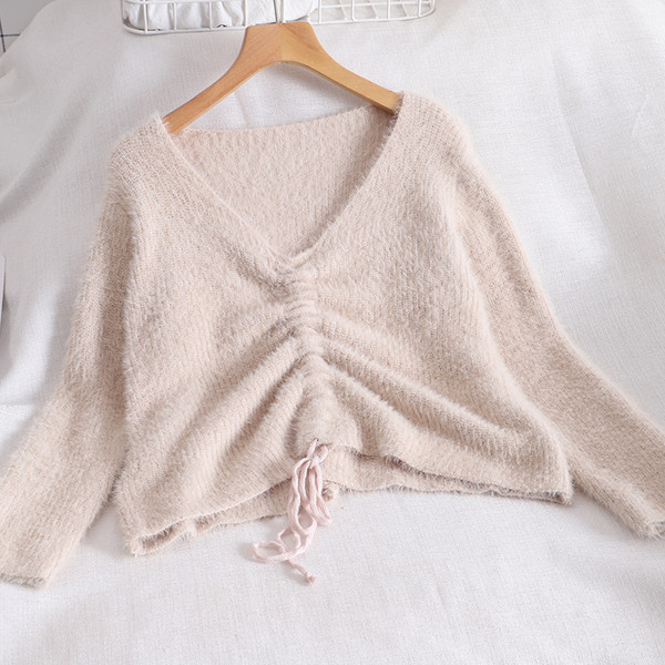 Pulover casual dama cu decolteu spitz si cravate in mai multe culori