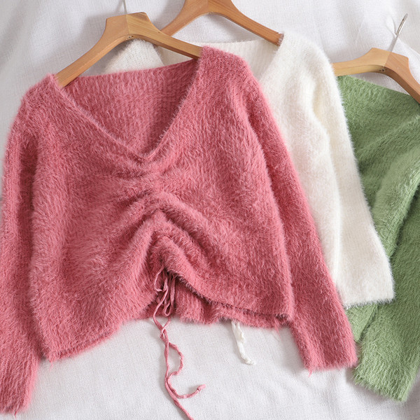 Дамски ежедневен пуловер с шпиц деколте и връзки в няколко цвята