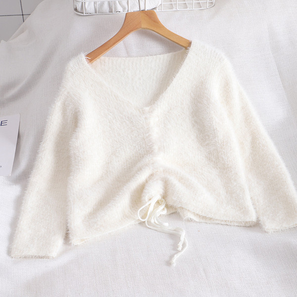 Pulover casual dama cu decolteu spitz si cravate in mai multe culori