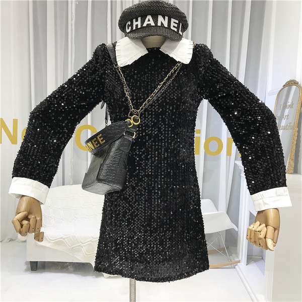 Rochie elegantă de damă cu paiete și guler în negru