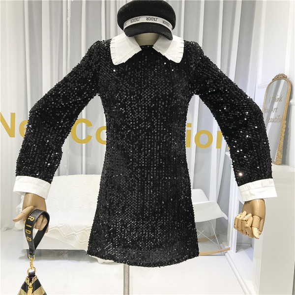 Rochie elegantă de damă cu paiete și guler în negru