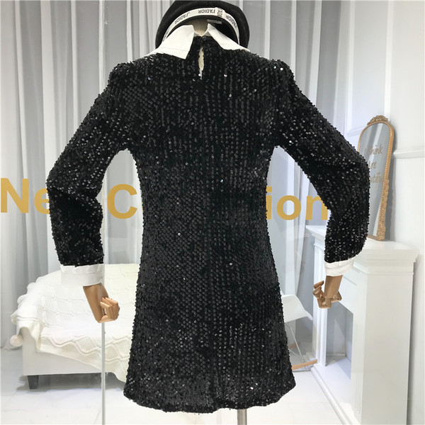 Rochie elegantă de damă cu paiete și guler în negru