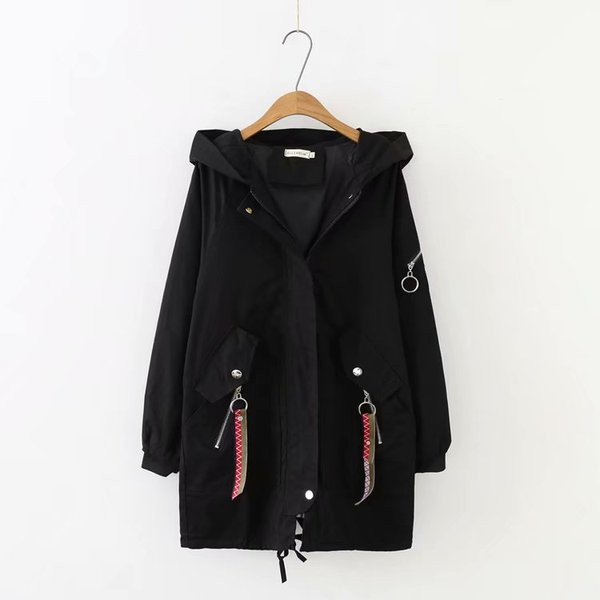 Modern téli hosszú kabát kapucnival és cipzárral fekete színben