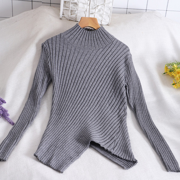 Μοντέρνο ασύμμετρο μοντέλο γυναικείο πουλόβερμε υψηλό γιακά σε πέντε χρώματα