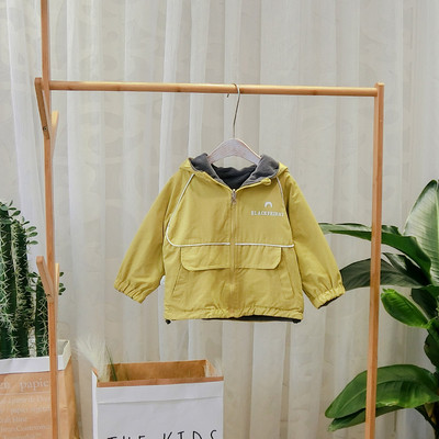 Μοντέρνο παιδικό μπουφάν φθινοπωρινό για αγόρια με κουκούλα σε μαύρο και κίτρινο χρώμα
