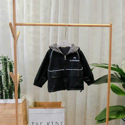 Μοντέρνο παιδικό μπουφάν φθινοπωρινό για αγόρια με κουκούλα σε μαύρο και κίτρινο χρώμα