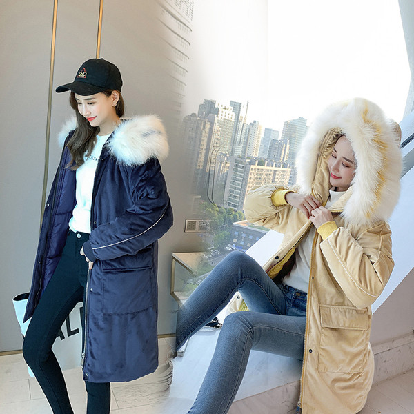 Geaca de iarna moderna de dama din catifea cu puf pe gluga in mai multe culori