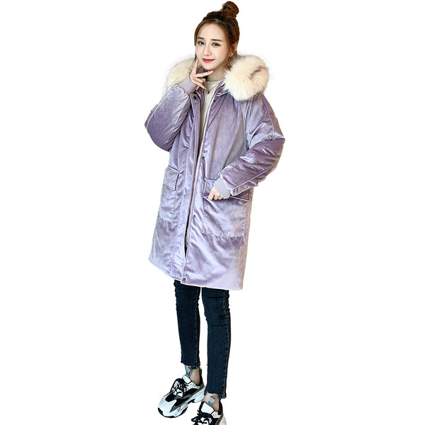 Geaca de iarna moderna de dama din catifea cu puf pe gluga in mai multe culori