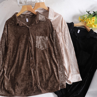 Modern női bársony ing zsebbel és gombokkal, három színben