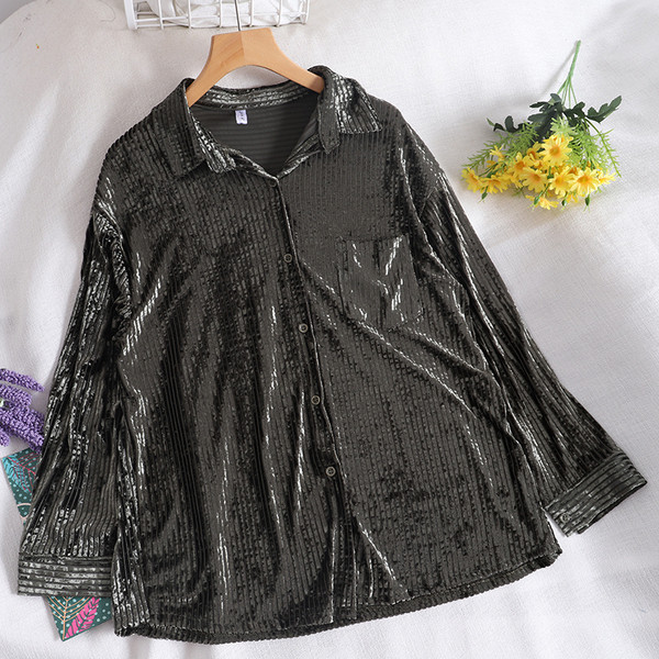 Modern női bársony ing zsebbel és gombokkal, három színben