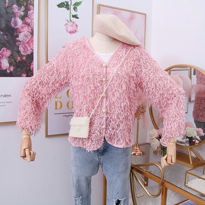Νέο μοντέλο μοντέρνα γυναικεία ζακέτα με κουμπιά και λαιμόκοψη στο ροζ και λευκό χρώμα