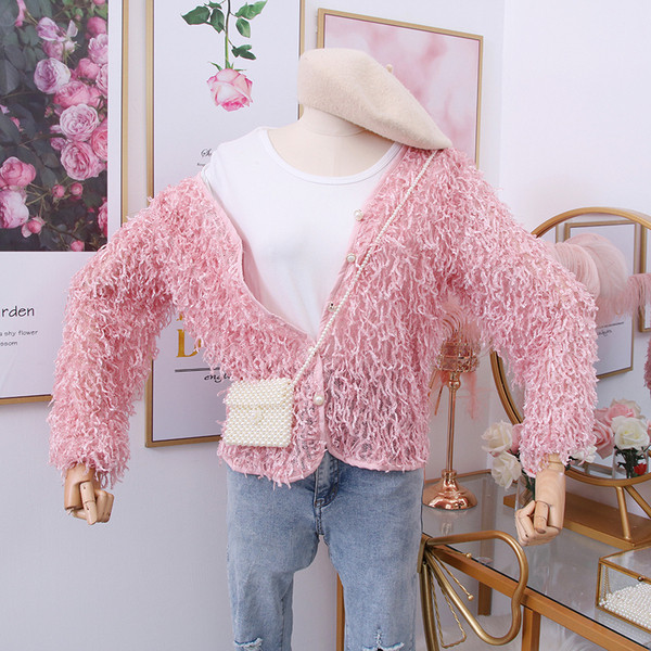 Vesta de dama modern model nou cu nasturi si decolteu spitz in roz si alb