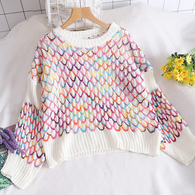 Γυναικείο μοντέρνο χρωματιστό πουλόβερ με οβάλ λαιμόκοψη