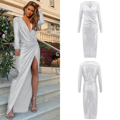 Κομψό γυναικείο φόρεμα με βαθύ λαιμόκοψη και με σχίσιμο σε διάφορα χρώματα