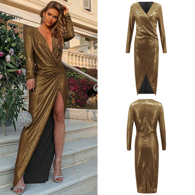 Κομψό γυναικείο φόρεμα με βαθύ λαιμόκοψη και με σχίσιμο σε διάφορα χρώματα