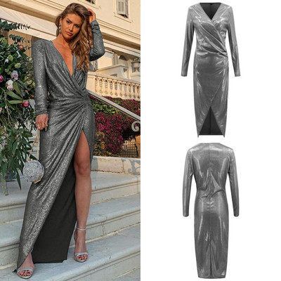 Κομψό γυναικείο φόρεμα με βαθύ λαιμόκοψη και με σχίσιμο σε διάφορα χρώματα