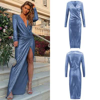 Κομψό γυναικείο φόρεμα με βαθύ λαιμόκοψη και με σχίσιμο σε διάφορα χρώματα