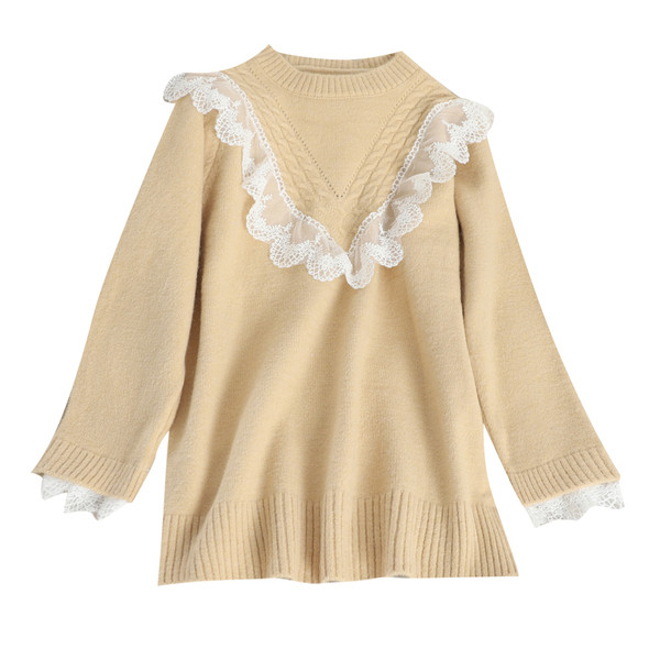 Μοντέρνο γυναικείο πουλόβερ  με ωοειδές ντεκολτέ και δαντέλα σε τέσσερα χρώματα