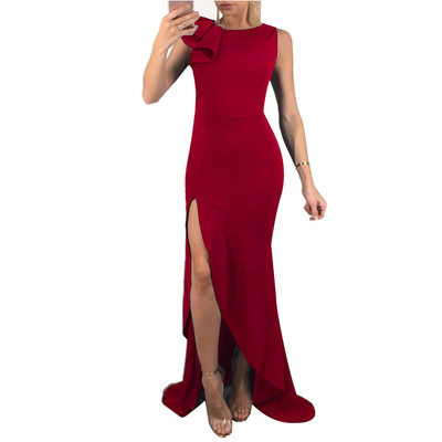 Елегантна дамска дълга рокля с цепка и широки презрамки в червен,зелен и син цвят