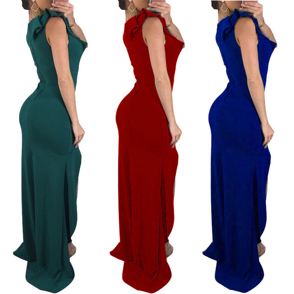 Елегантна дамска дълга рокля с цепка и широки презрамки в червен,зелен и син цвят 