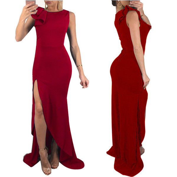 Елегантна дамска дълга рокля с цепка и широки презрамки в червен,зелен и син цвят 