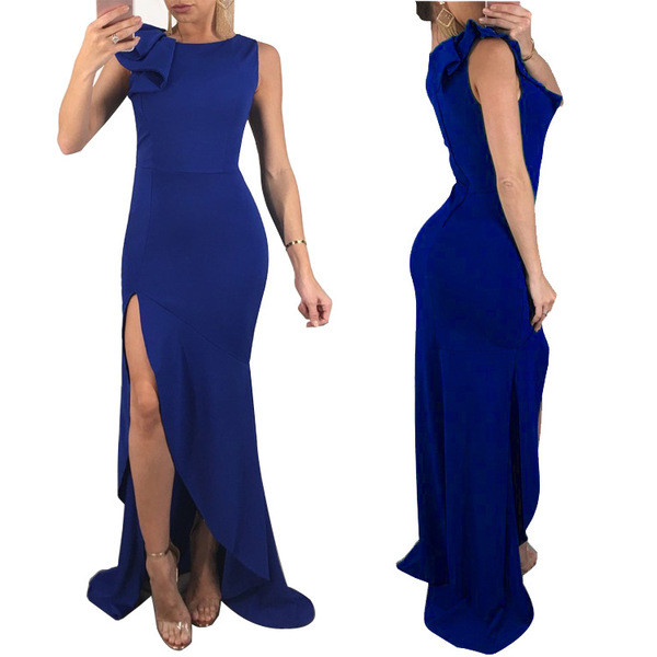 Елегантна дамска дълга рокля с цепка и широки презрамки в червен,зелен и син цвят 