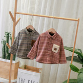 Модерна детска карирана риза с джоб,копчета и класическа яка за момчета