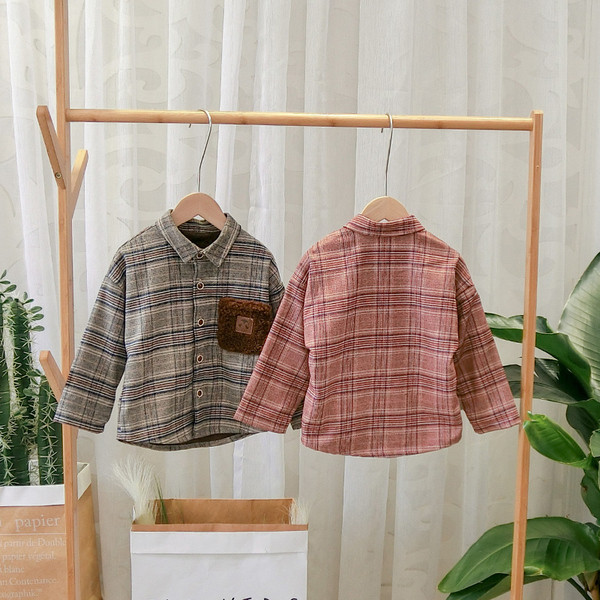 Модерна детска карирана риза с джоб,копчета и класическа яка за момчета