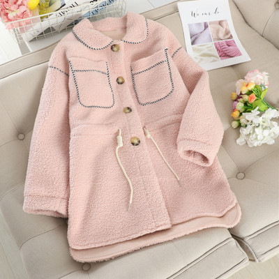 Palton de dama modern cu cravate si nasturi in roz si bej