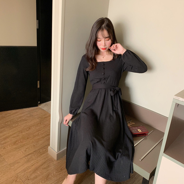 Rochie lunga de dama casual cu maneci lungi si cravate in negru si rosu