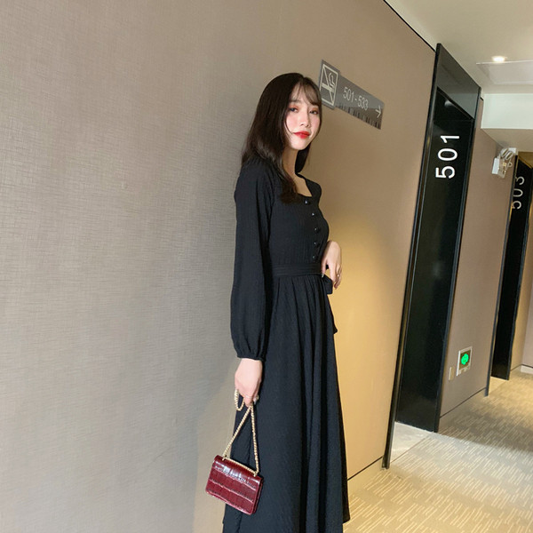 Rochie lunga de dama casual cu maneci lungi si cravate in negru si rosu