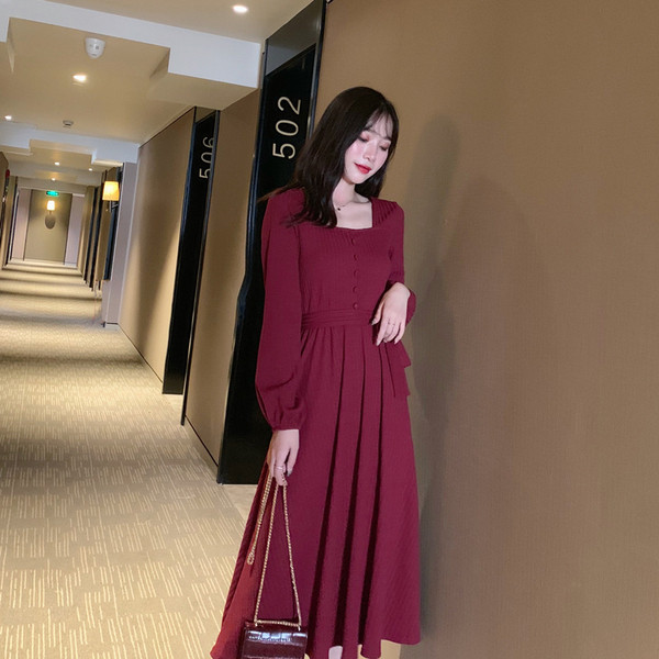 Rochie lunga de dama casual cu maneci lungi si cravate in negru si rosu