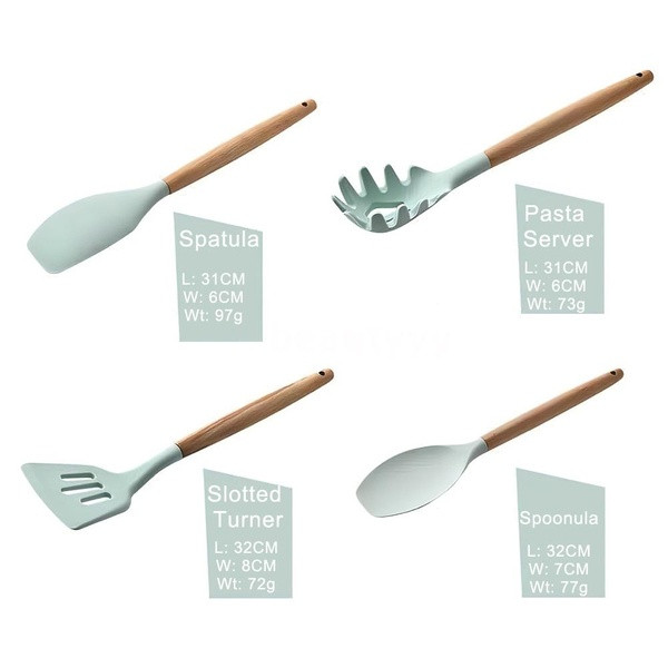 Set de unsprezece ustensile de bucătărie în roz și verde