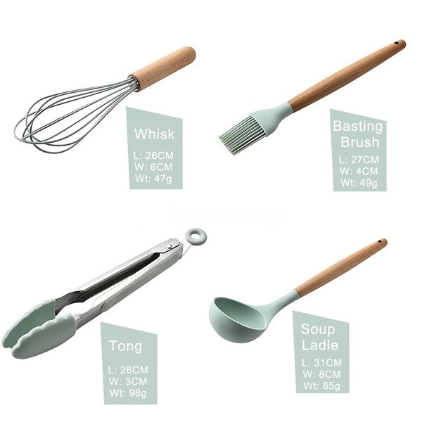Set de unsprezece ustensile de bucătărie în roz și verde