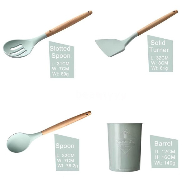 Set de unsprezece ustensile de bucătărie în roz și verde