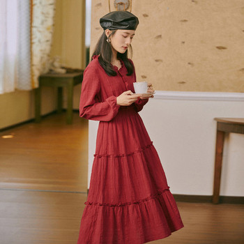 Rochie casual de dama cu maneci lungi si decolteu O in rosu