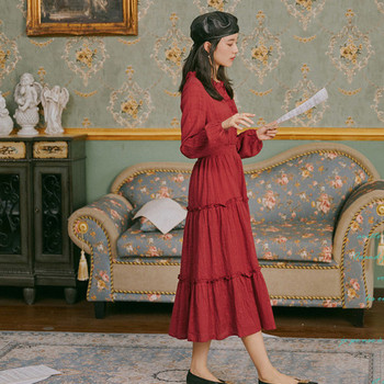 Rochie casual de dama cu maneci lungi si decolteu O in rosu