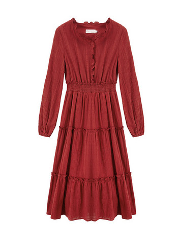 Rochie casual de dama cu maneci lungi si decolteu O in rosu