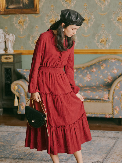 Rochie casual de dama cu maneci lungi si decolteu O in rosu