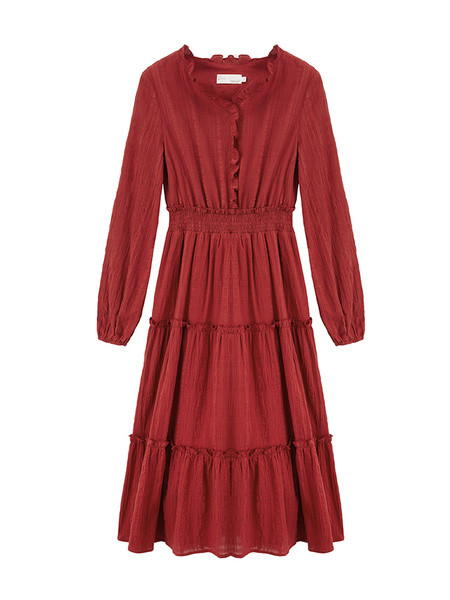 Rochie casual de dama cu maneci lungi si decolteu O in rosu